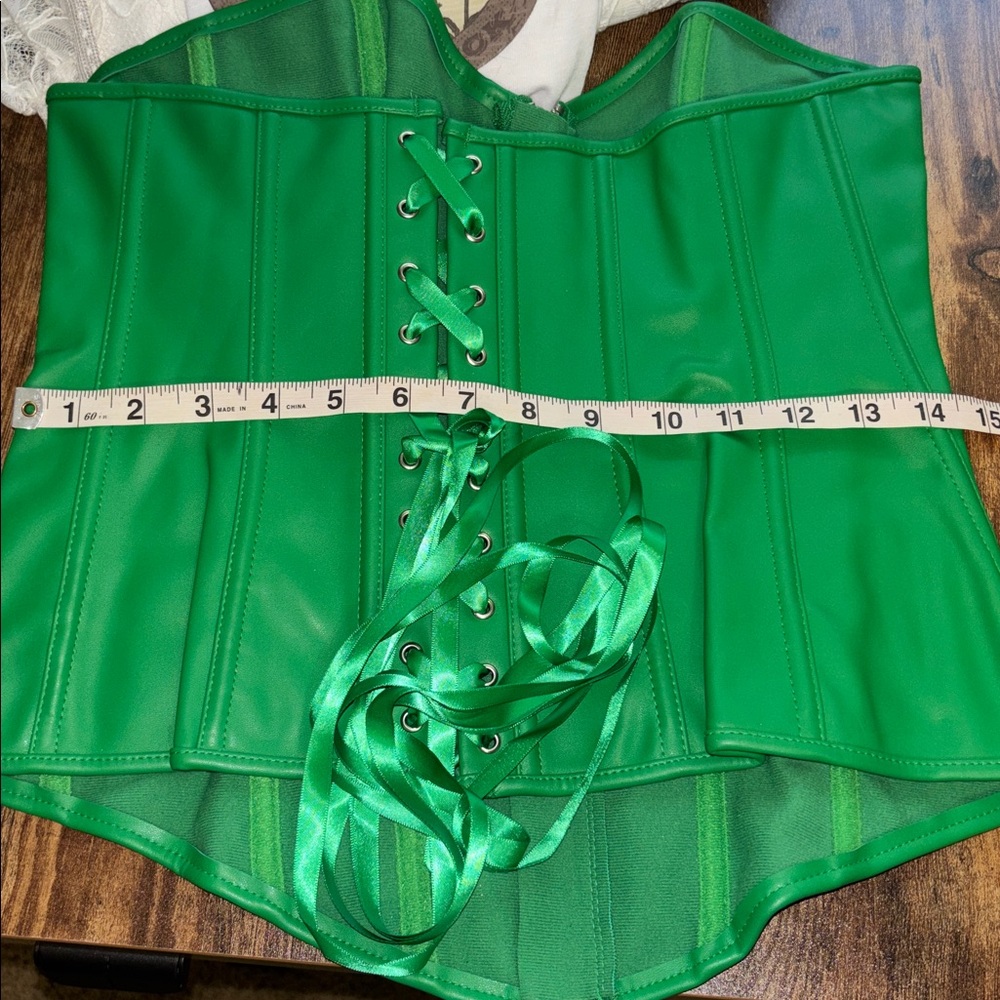New green corset vegan leather front zip/back lace up Halloween XL - Picture 8 of 8